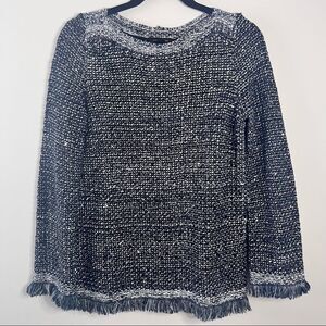 Ann Taylor Blue Sequin Glitter Sweater with Fringe Sleeves & Hem